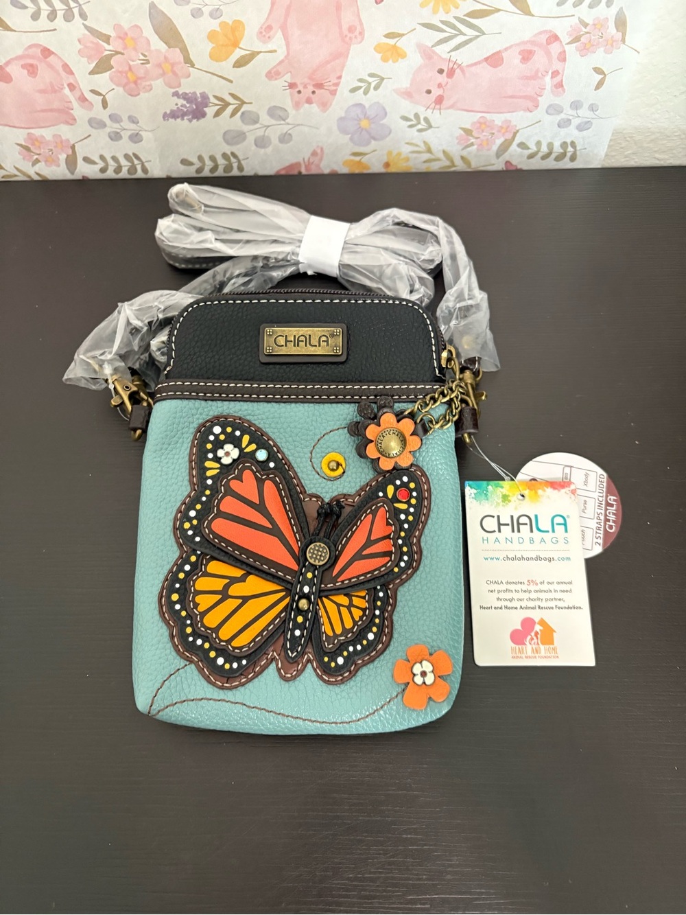 Chala blue teal monarch butterfly cell phone crossbody purse. Vegan leather. NWT